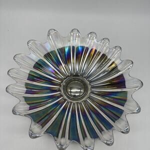 Federal Glass Iridescent Celestial Bowl 11"x2.5 Atomic Petal Dish Carnival Glass